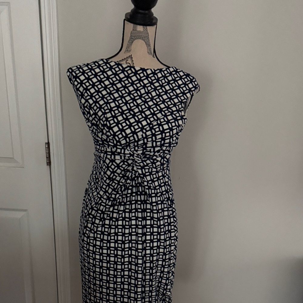Lauren Ralph Lauren Blue Geometric Knotted Waist Sheath Dress – Size 8P